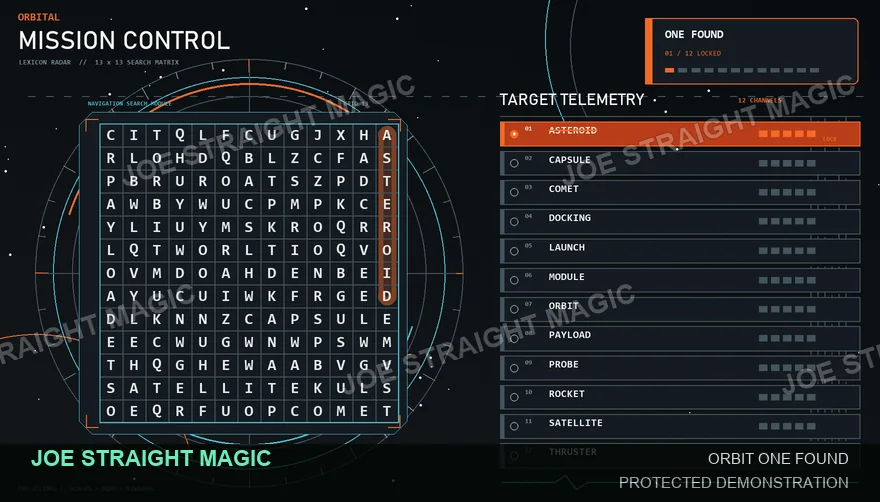 Protected Space Mission word search showing one word found